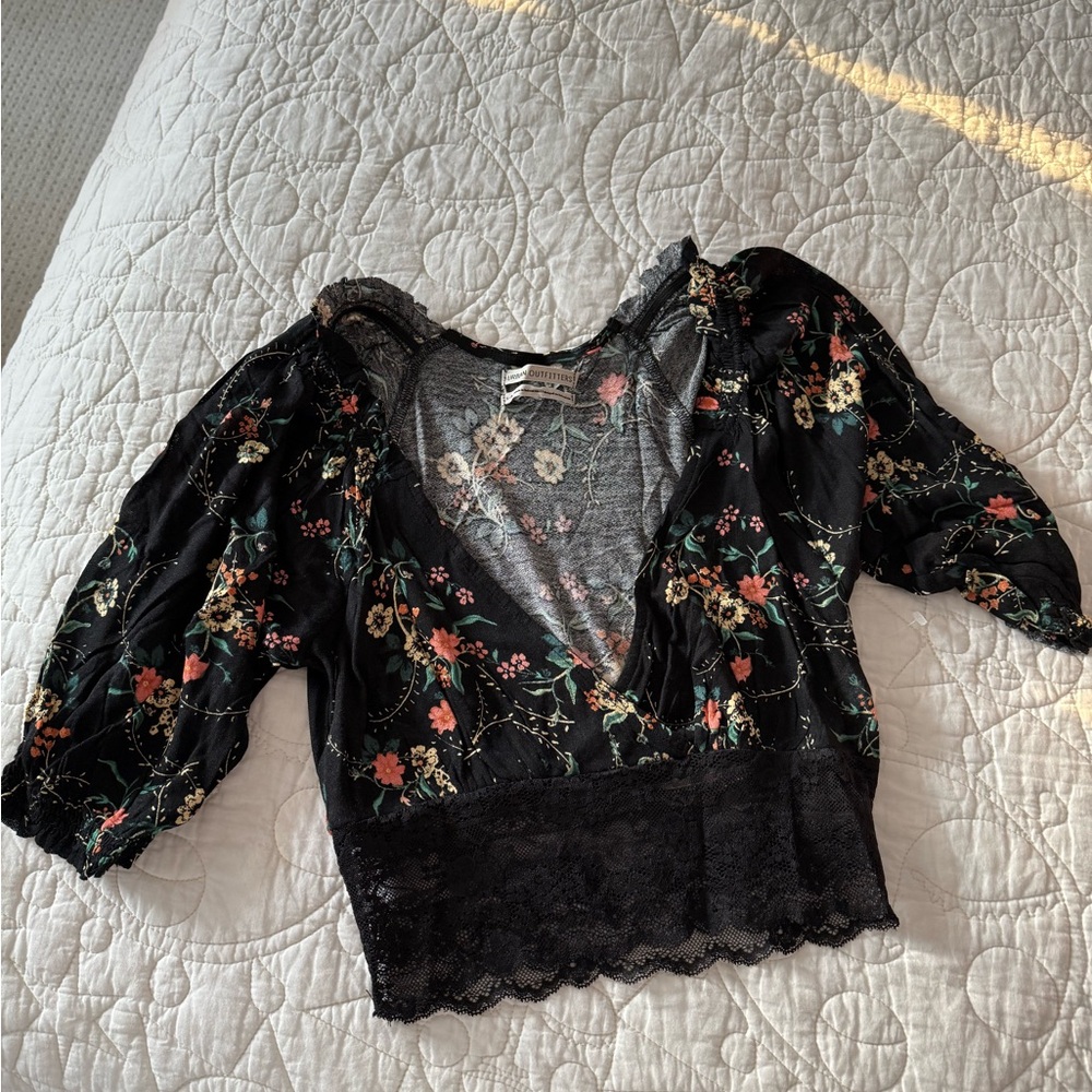 Urban Outfitters Black Floral Lace Trim Blouse